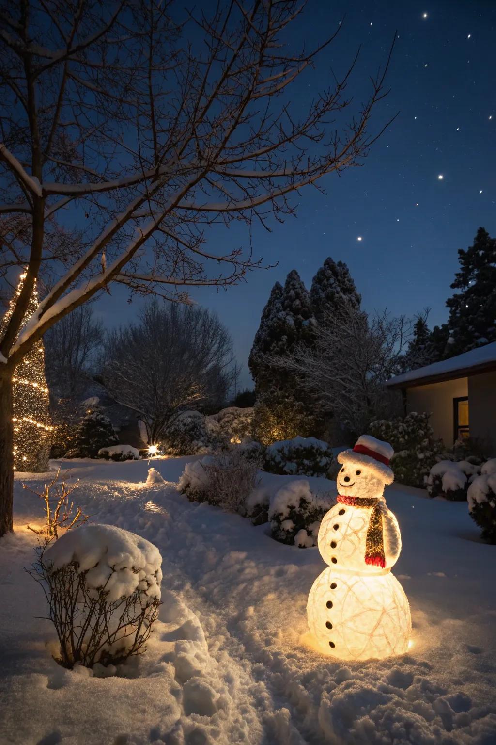 A glowing snowman luminary brightening up the night.