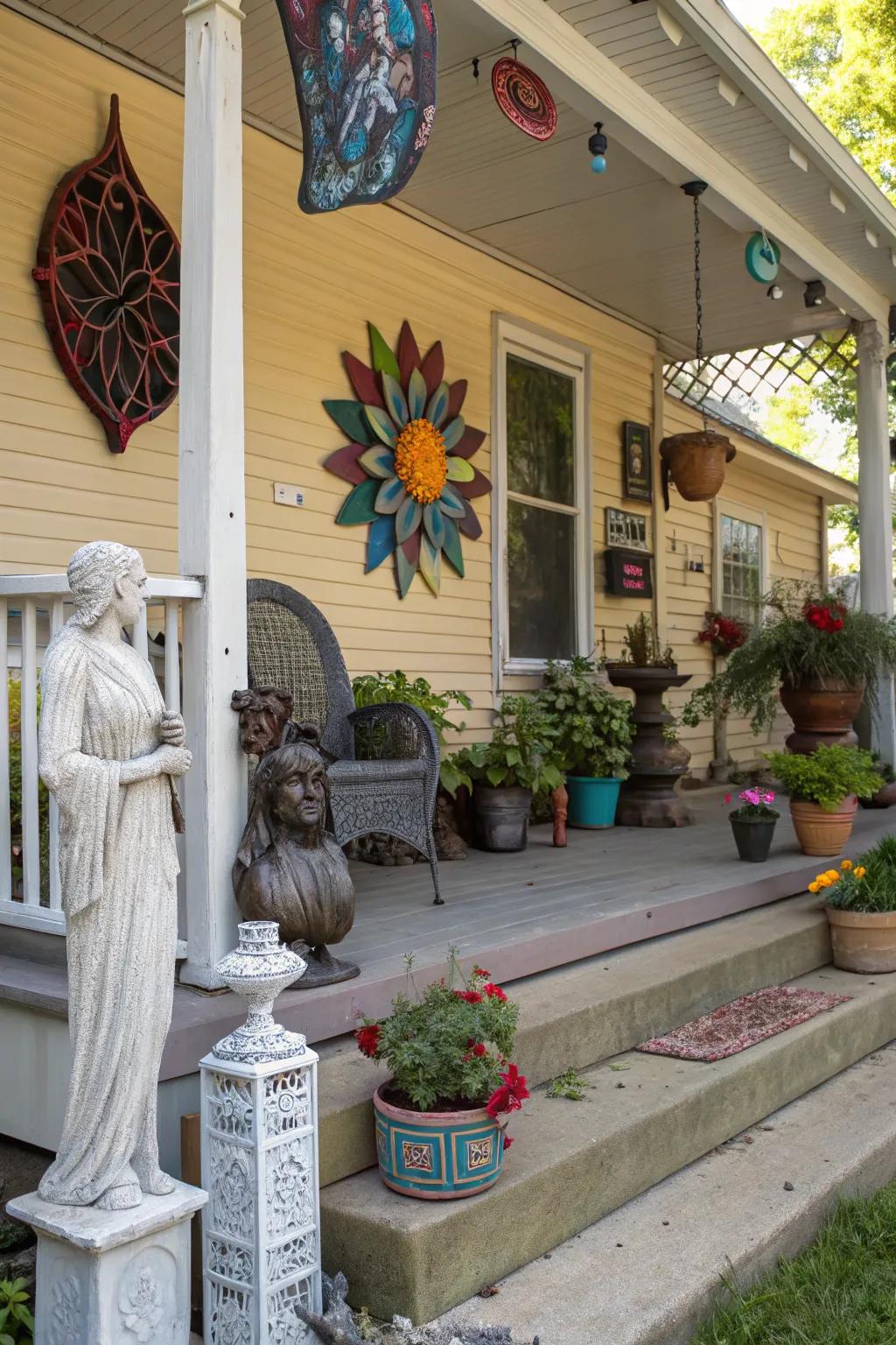 An exterior art arrangement contributes a creative and distinctive impression to your porch.