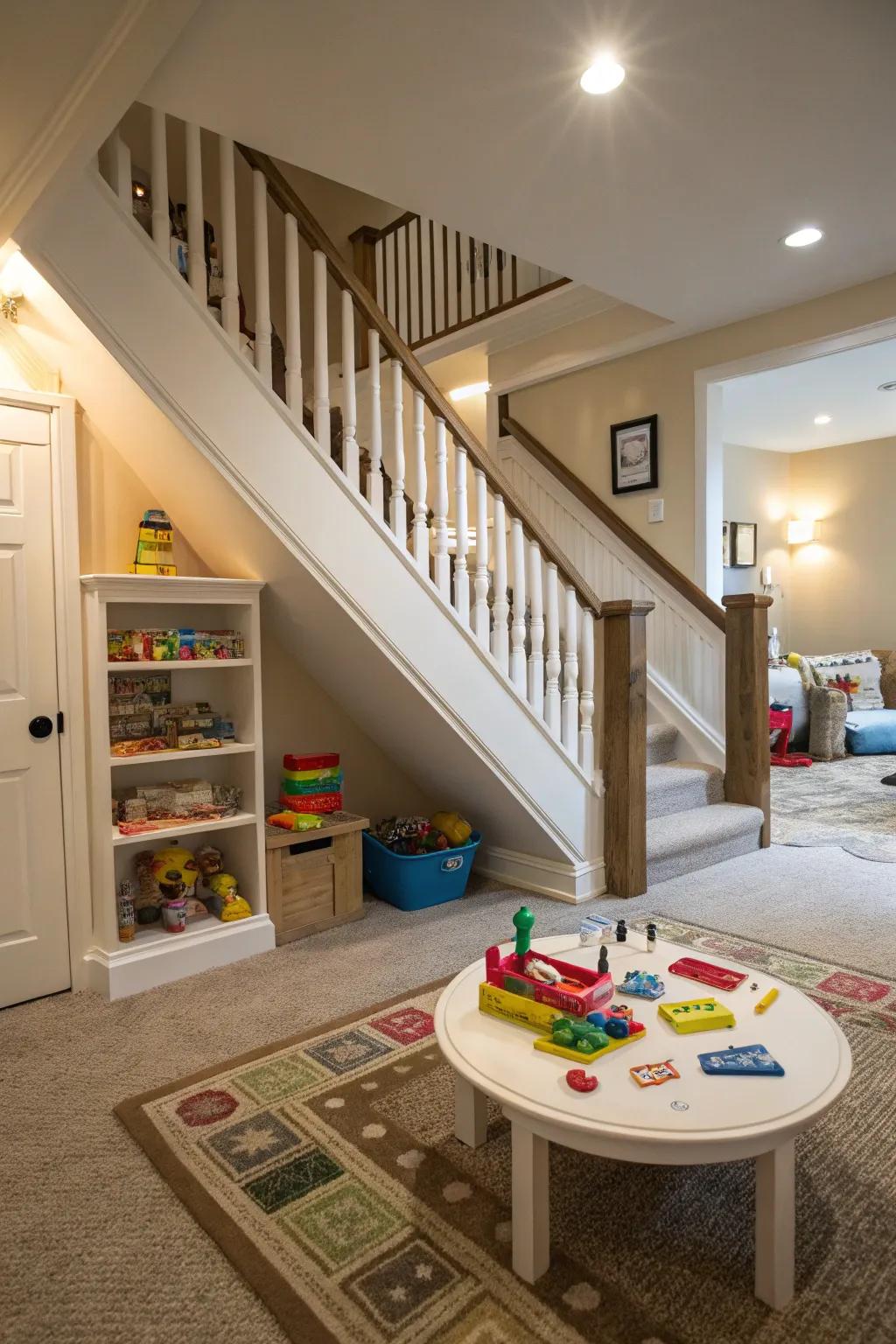 Spark joy with a kids’ play area beneath the staircase.