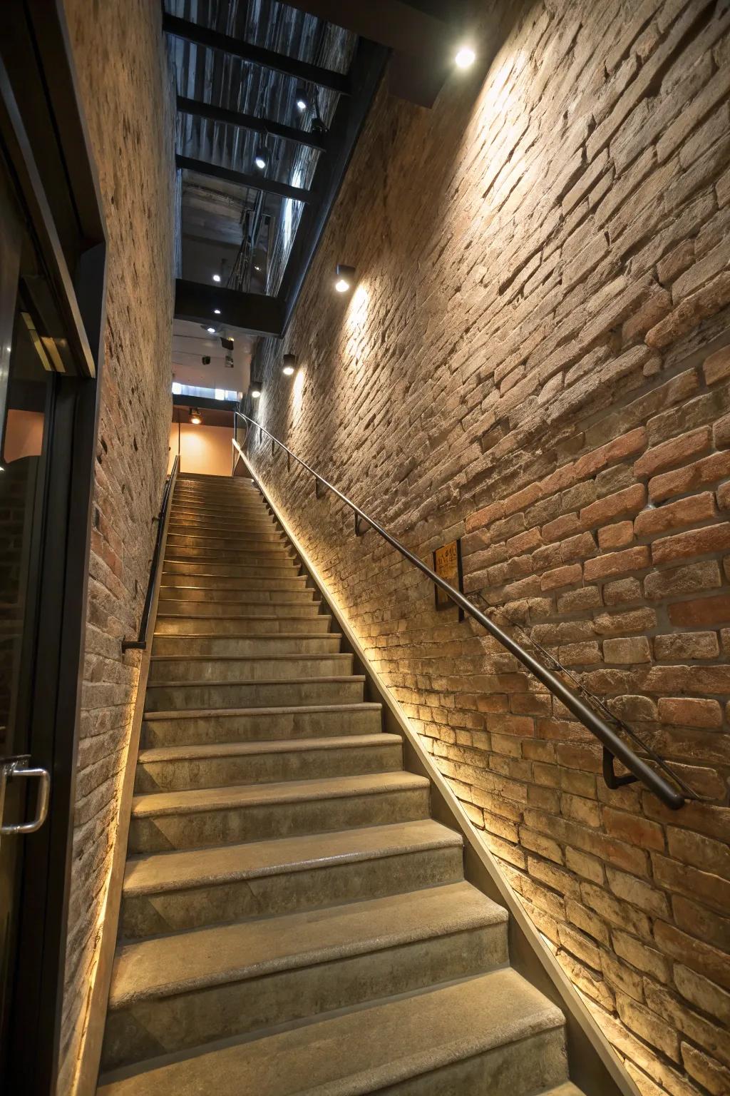 Achieve an industrial feel with a faux brick wall on your staircase.