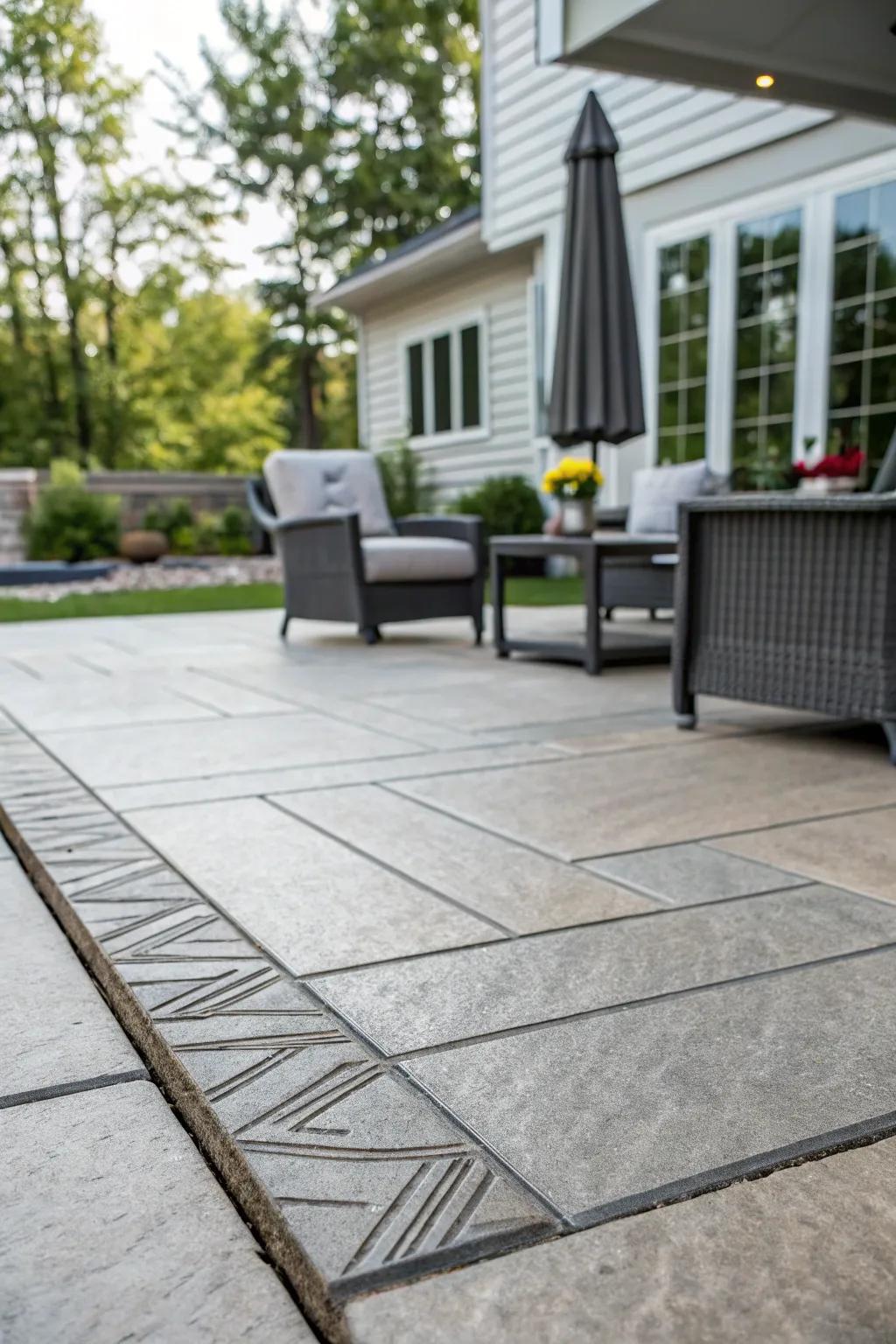 A modern stamped concrete patio with clean, sleek lines.