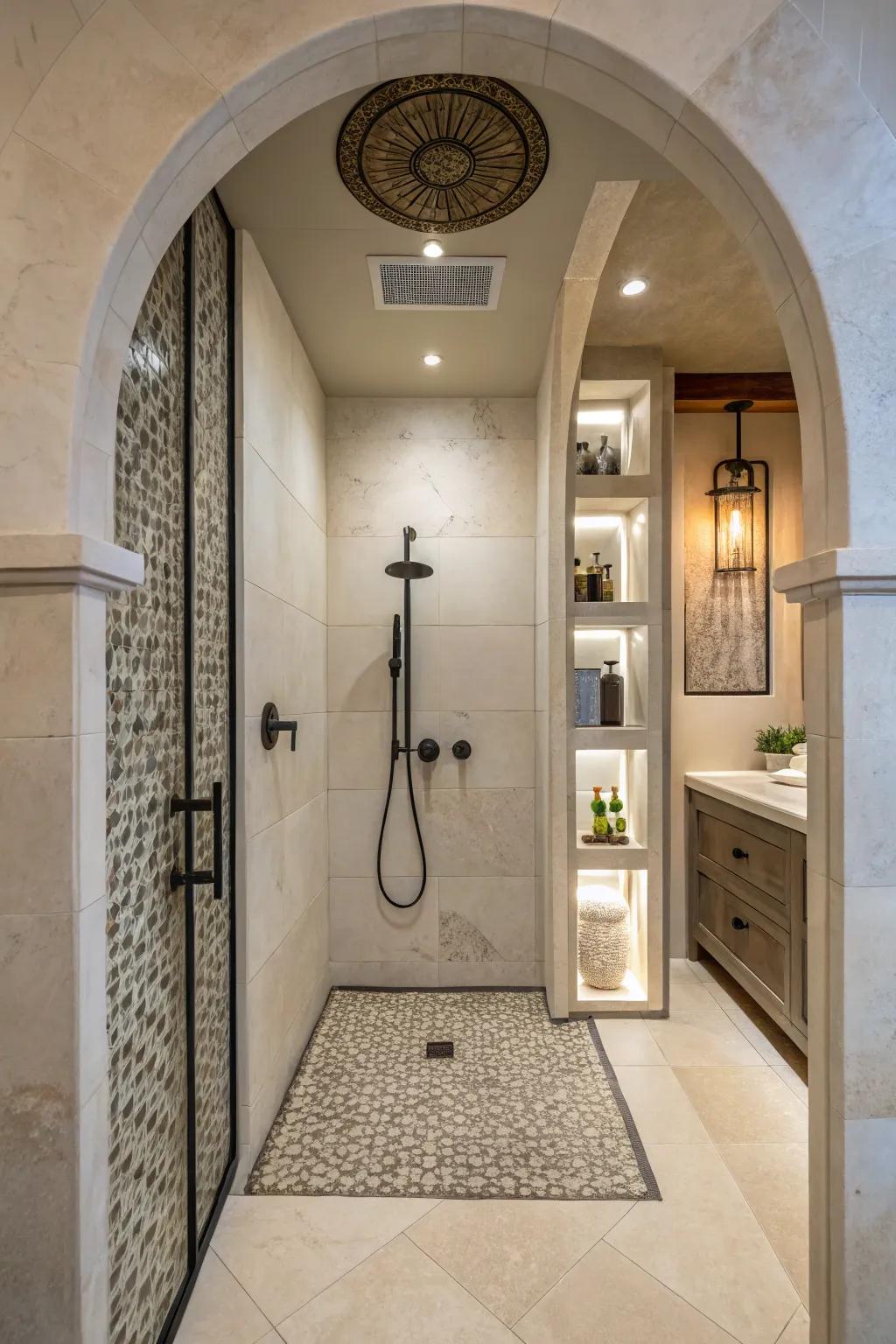 Architectural shapes form a unique niche for a standup shower.