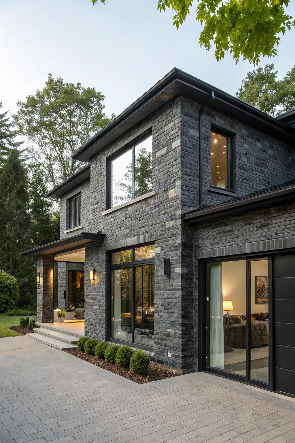 Refined modernity achieved by using black brick and grey stone.