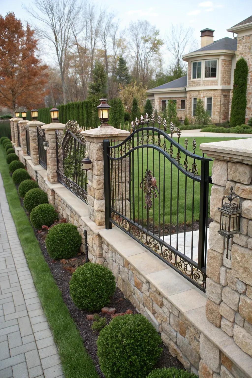 A uniquely bespoke stone and iron fence.