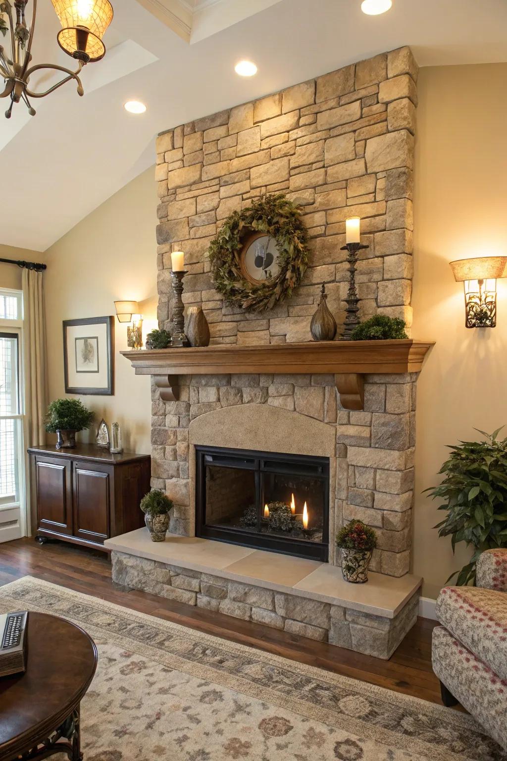 A balanced space featuring a stone fireplace and symmetrical decor enhancing the mantel.