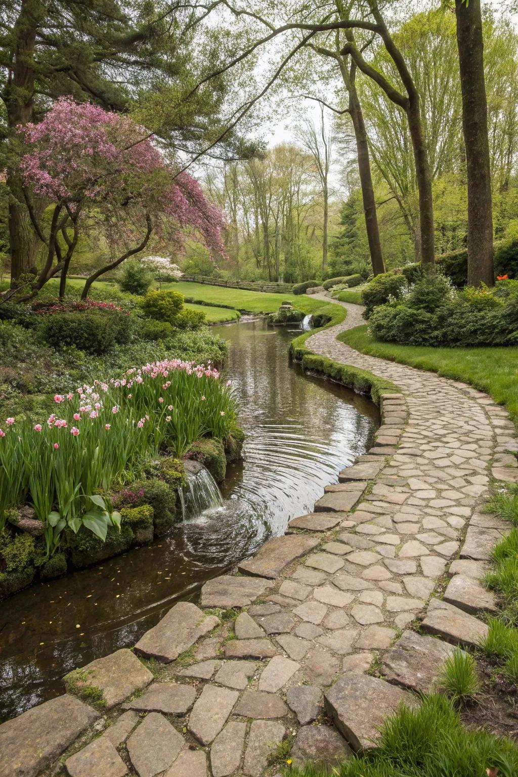 A water feature imparts serenity and loveliness to your rock trail.