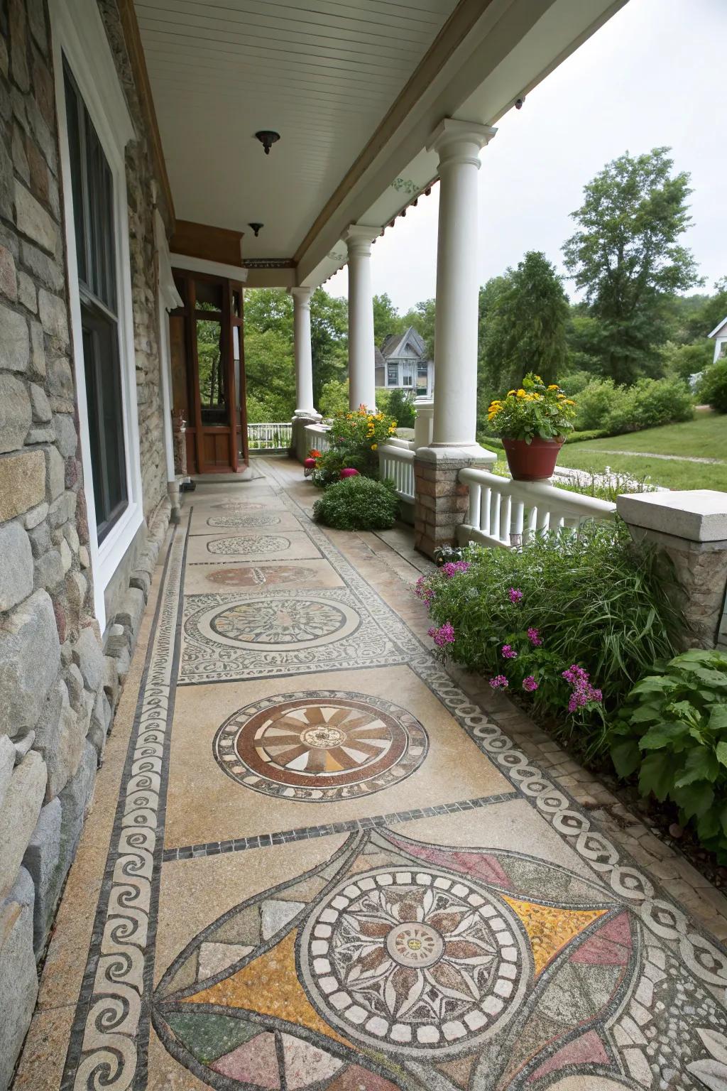 Stone mosaics bestow artistic expression upon the porch.