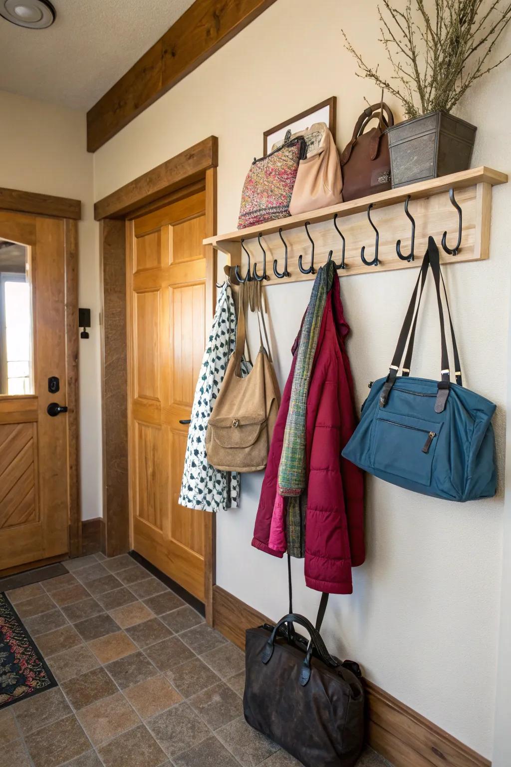 The entryway features hooks for hanging coats and bags.
