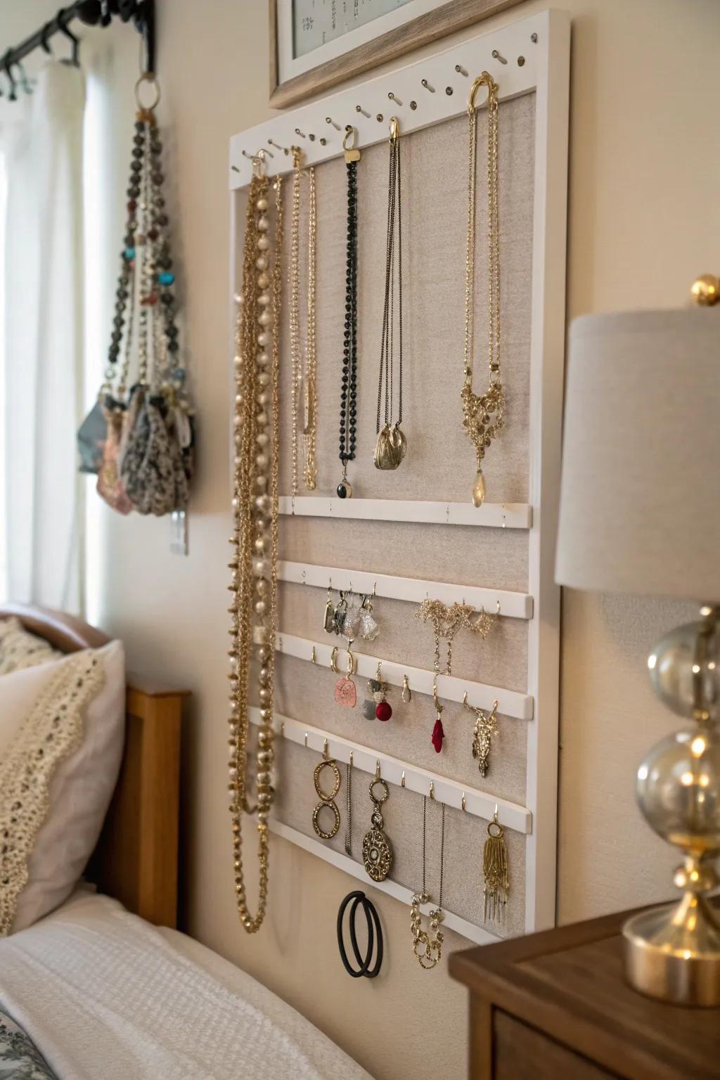 Showcase and arrange your jewelry with a fashionable wall-mounted piece.