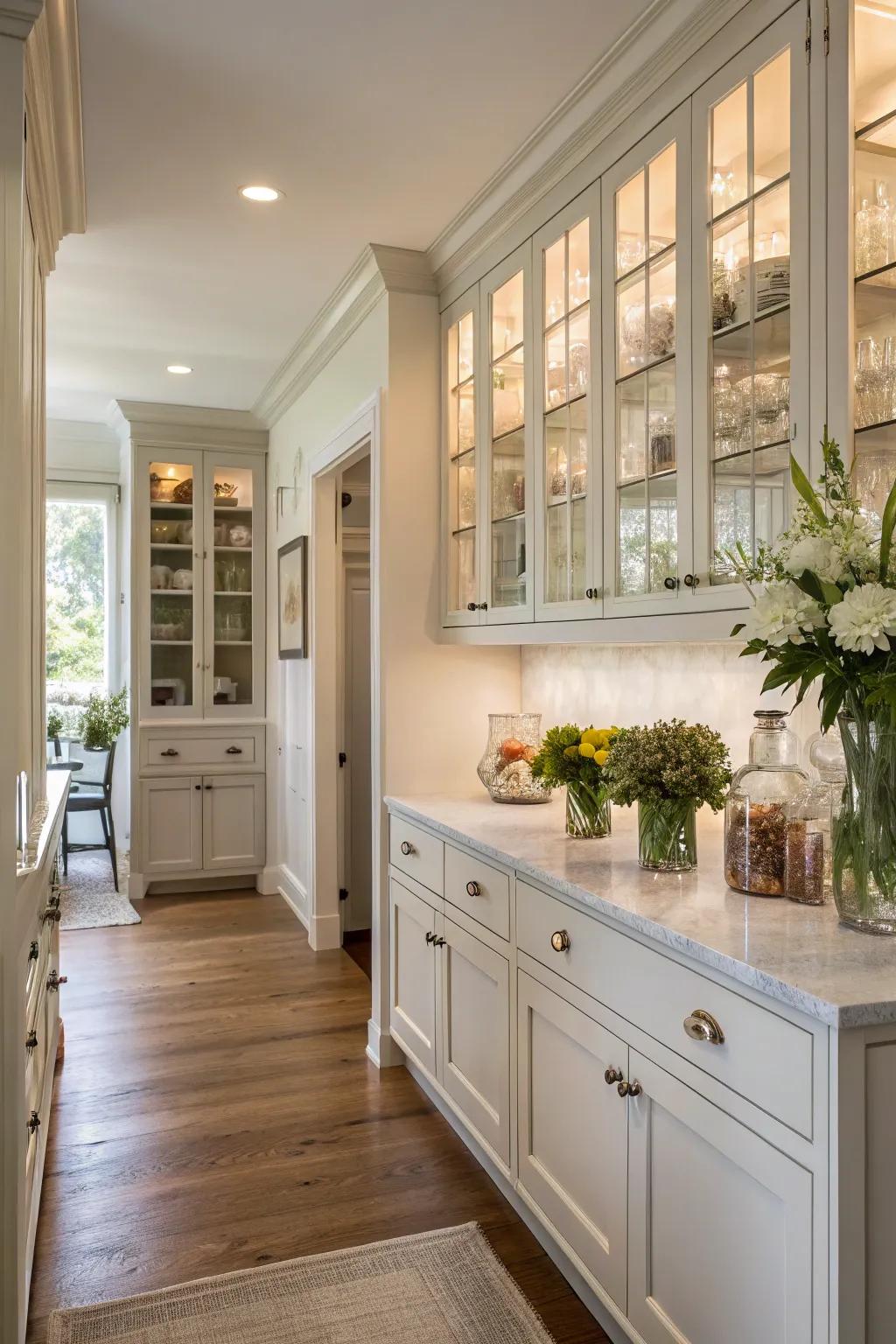 Glass accents contribute to a light, spacious kitchen design.