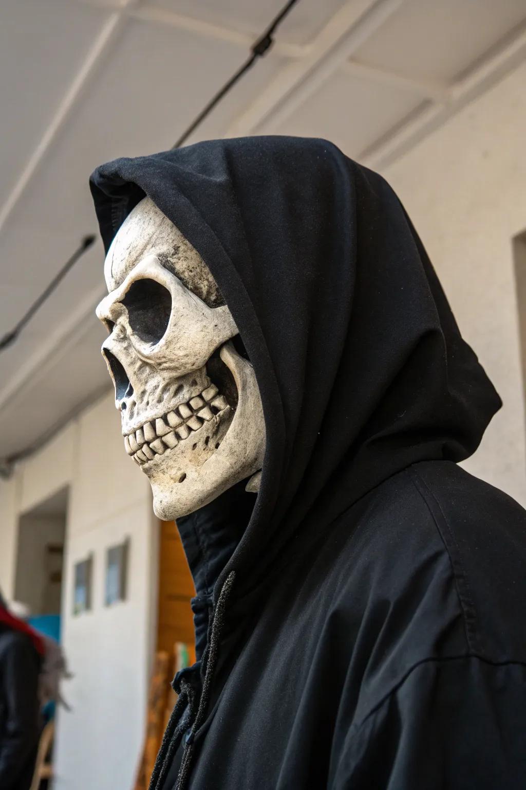 A skeleton head that appears as though it just emerged from the shadows.