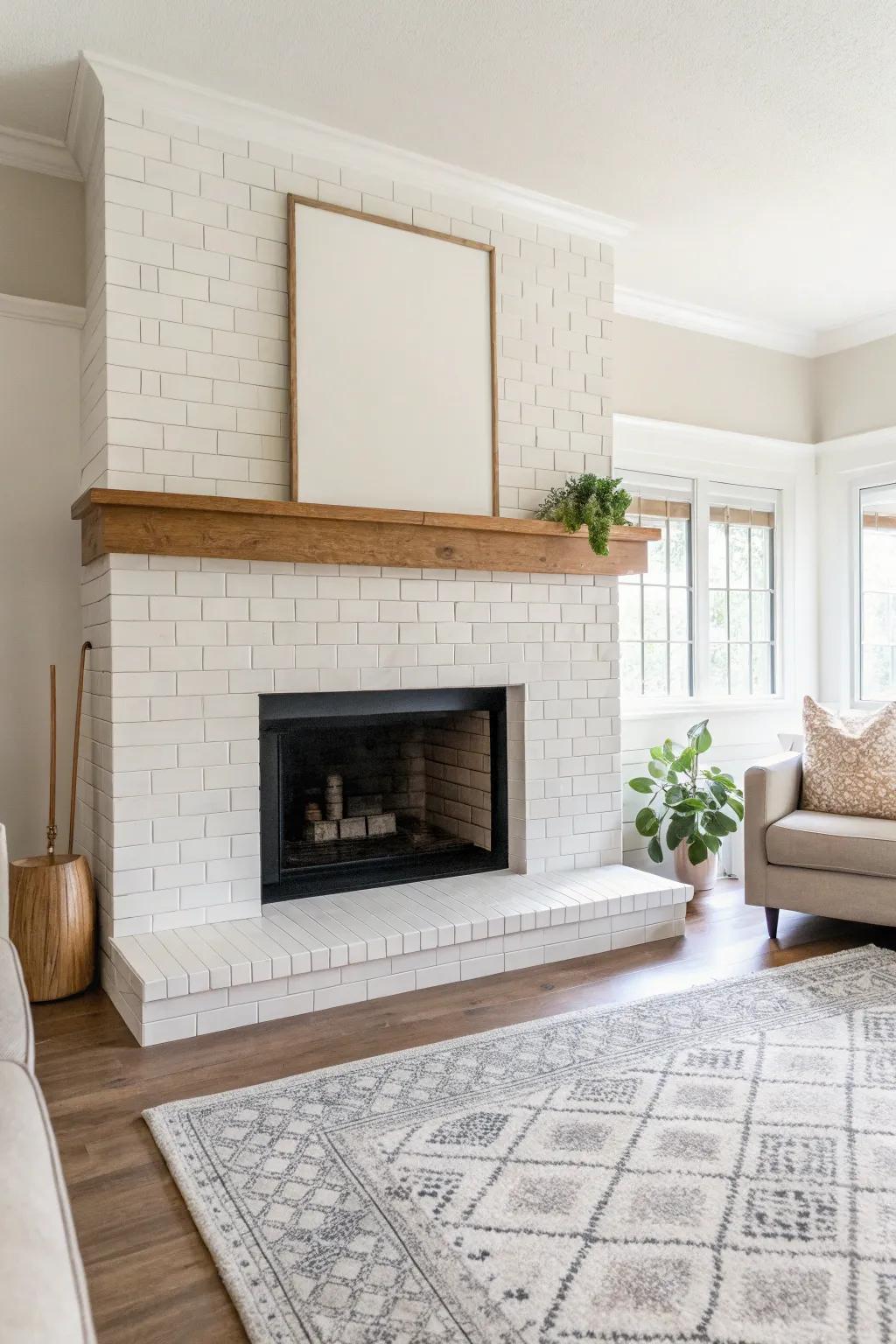 Simple lines and neutral tones deliver minimalist elegance to this fireplace.