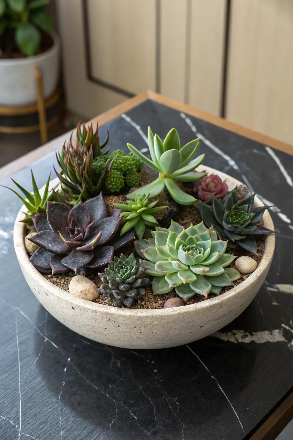 A striking succulent garden displaying contrasting colors.