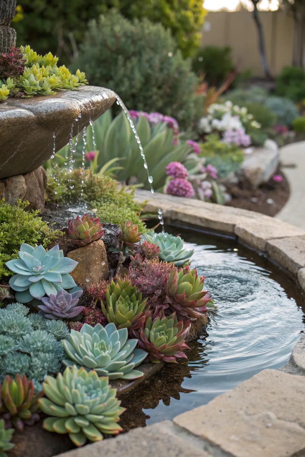A serene garden hydration feature encircled by lush succulents.