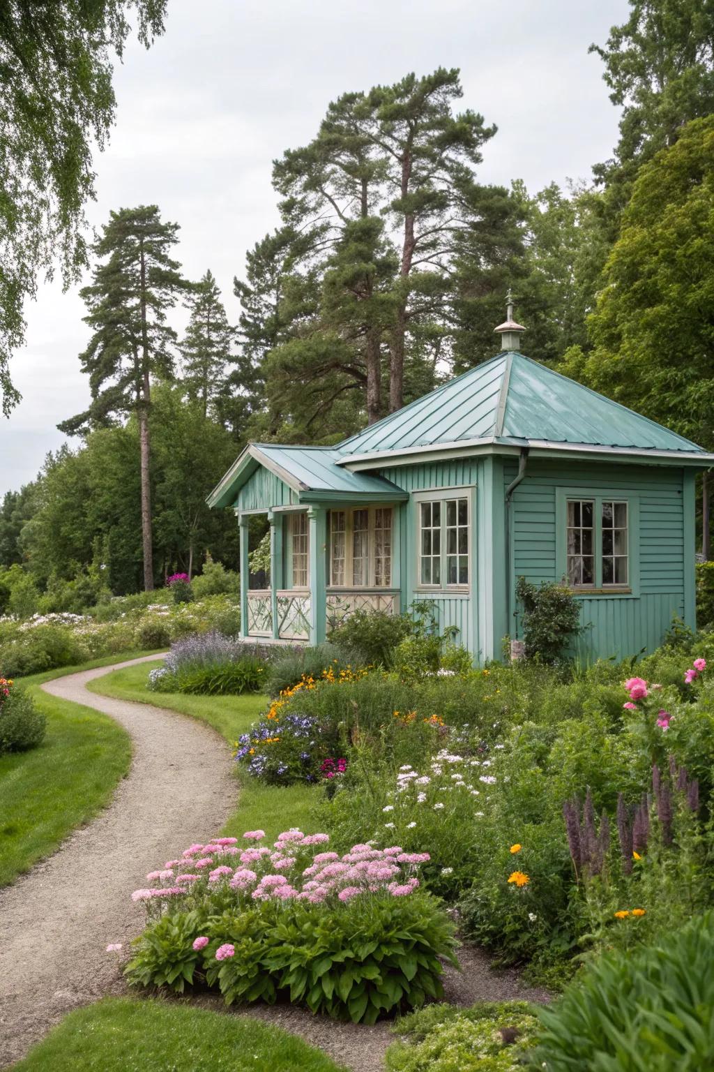 A stylish summer house in muted green-blue, offering a peaceful yard escape.