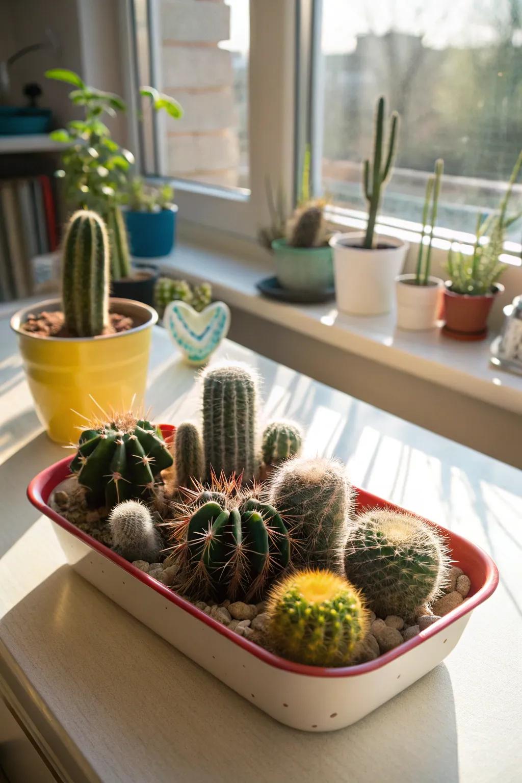 A collection of cacti showcased in a shallow bowl