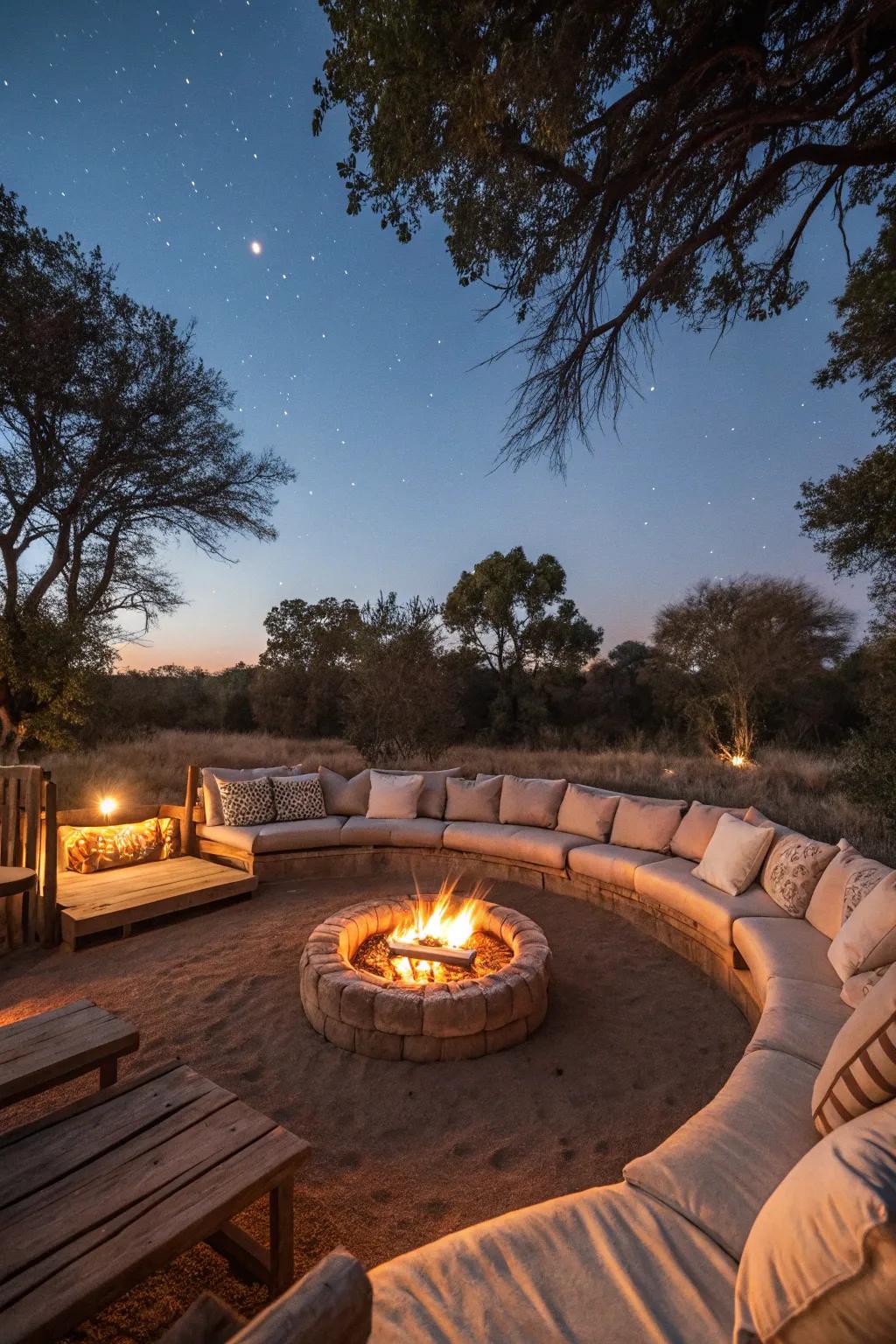 Lush seating creates a comfortable lounge around this fire pit.