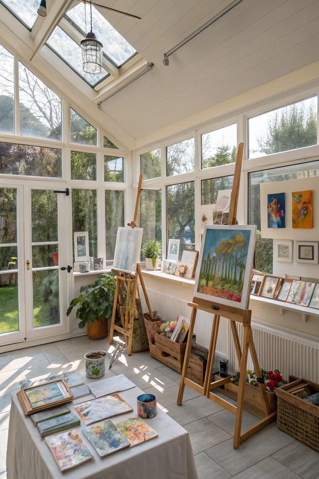 An art studio sunroom bathed in natural light.