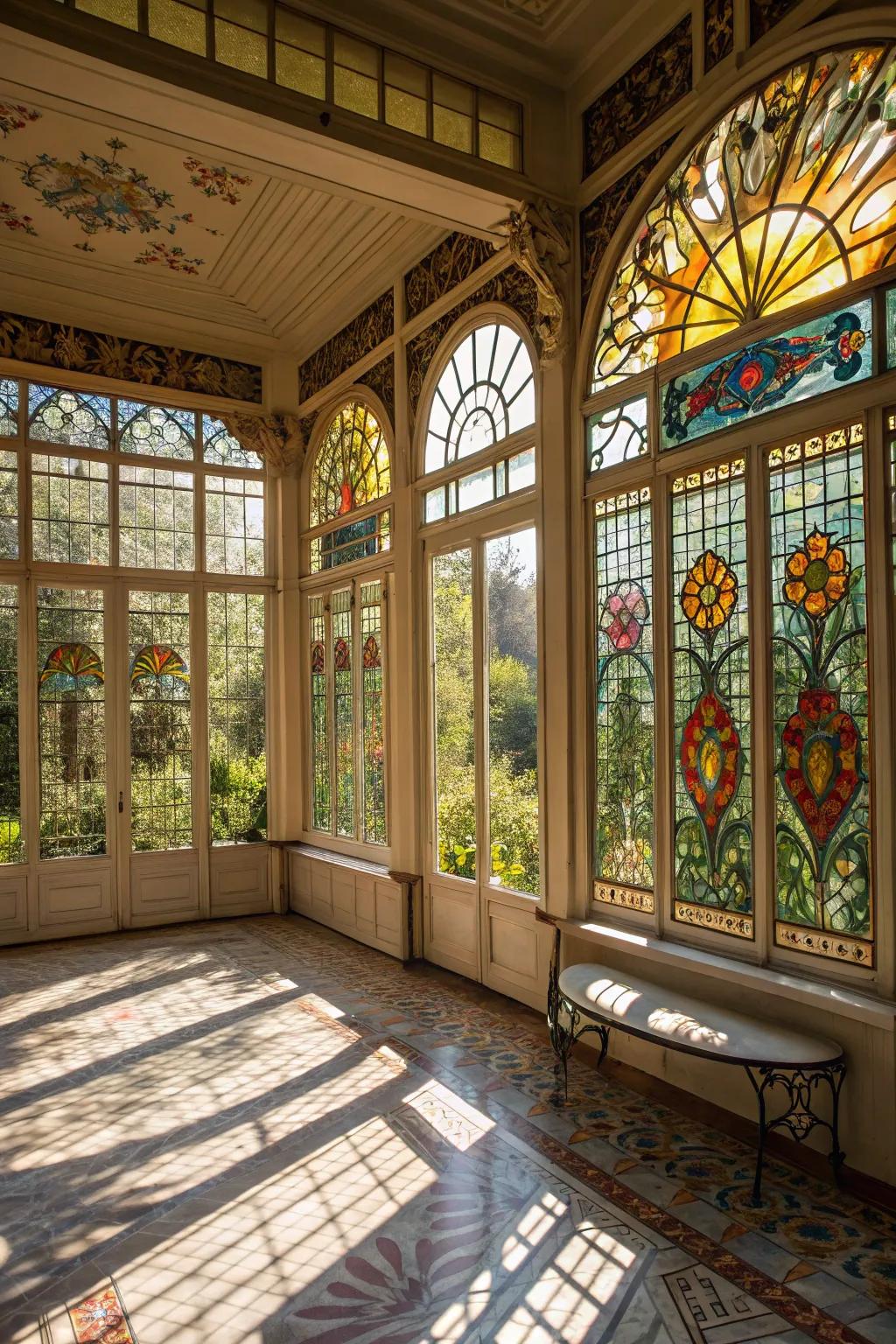 Colored panes introduce color and artistry to your sunroom.