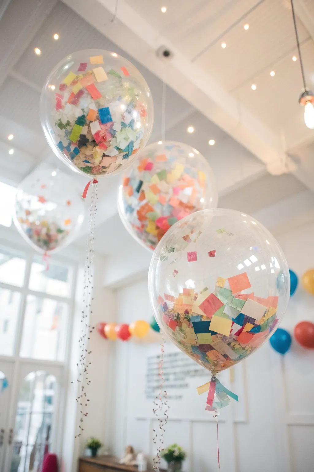 Clear balloons filled with surprise messages delight guests.