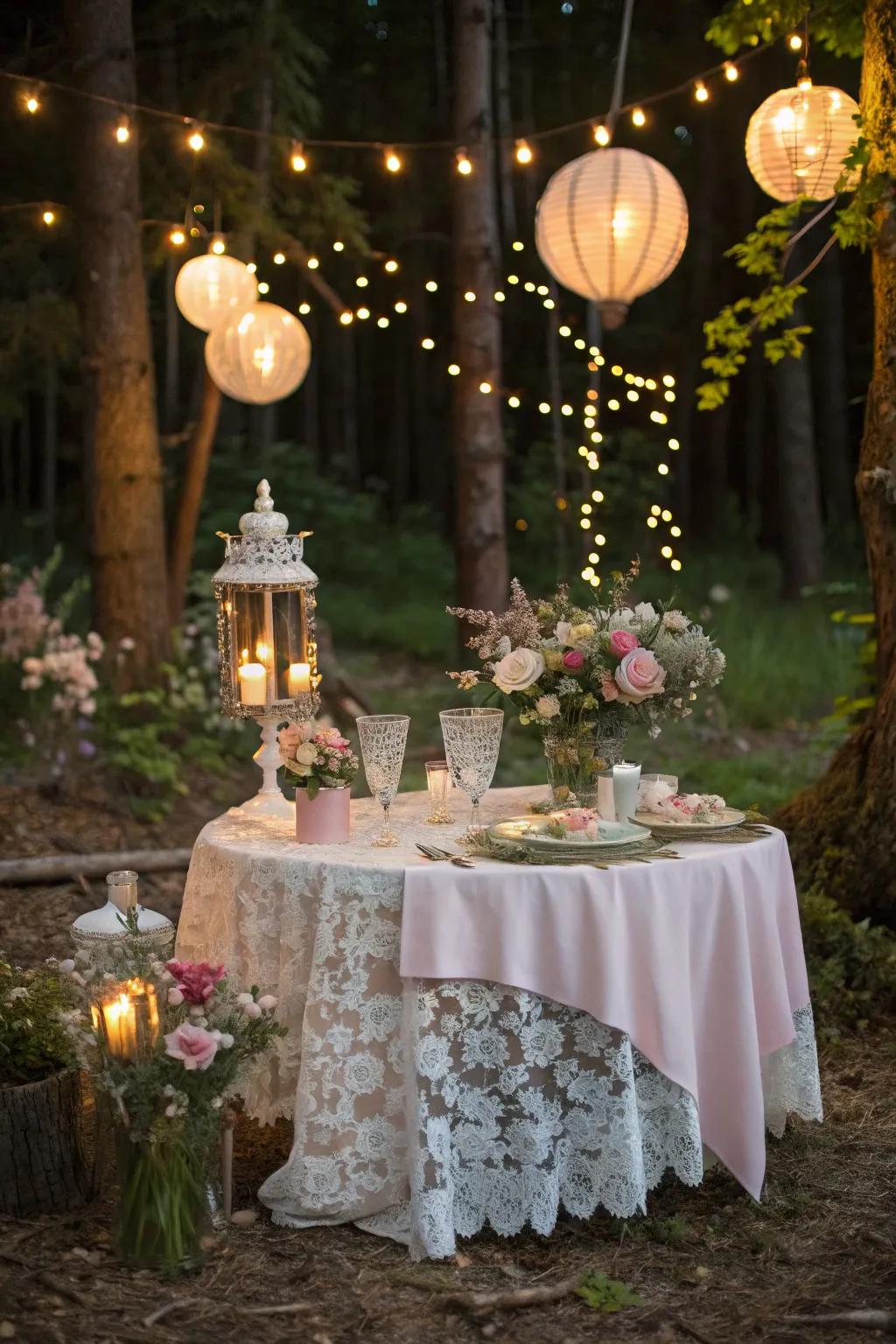 A fairy tale sweetheart table showcasing twinkling lights and enchanting decoration.