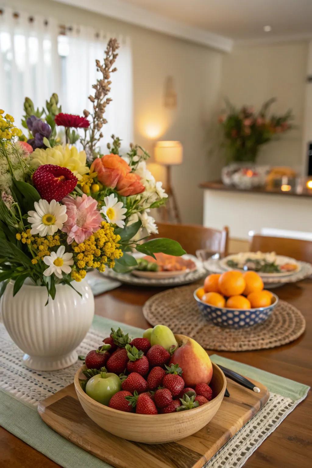 A vibrant centerpiece combining fruits and flowers for a fresh look.