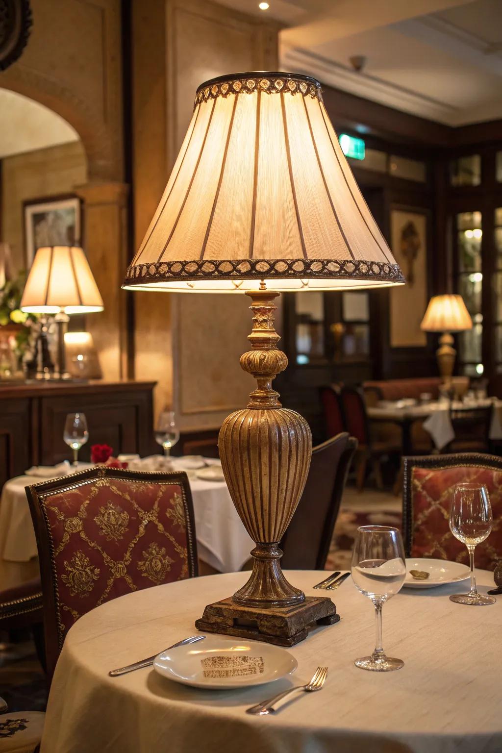 A bold table lamp adds a dramatic flair to a dining area.