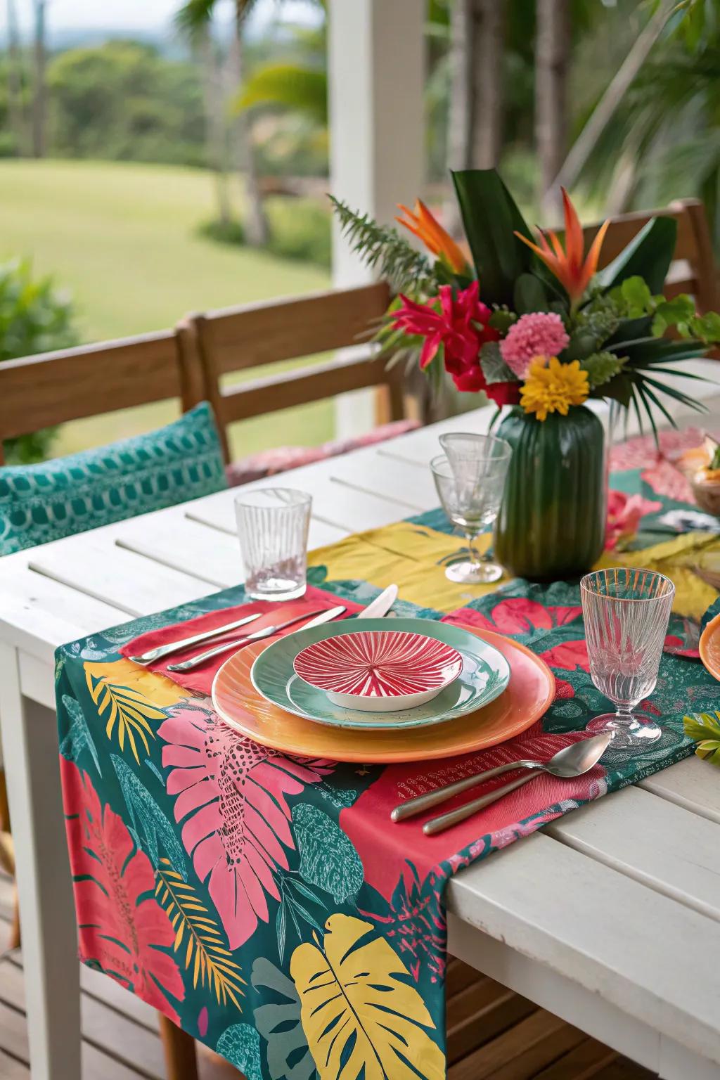 A tropical table runner for a vibrant and lively dining experience.