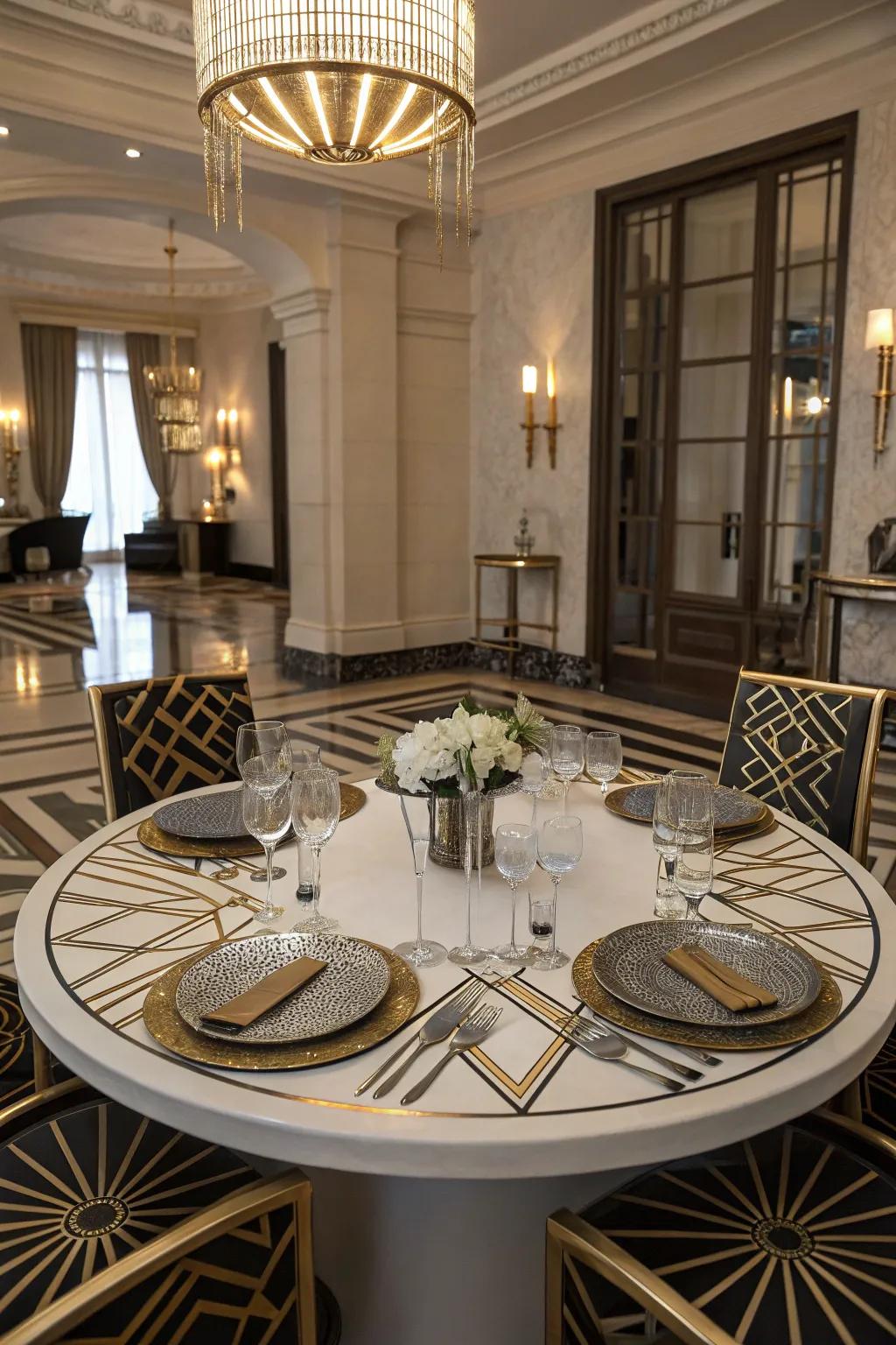 An Art Deco table arrangement featuring geometric patterns and metallic accents.