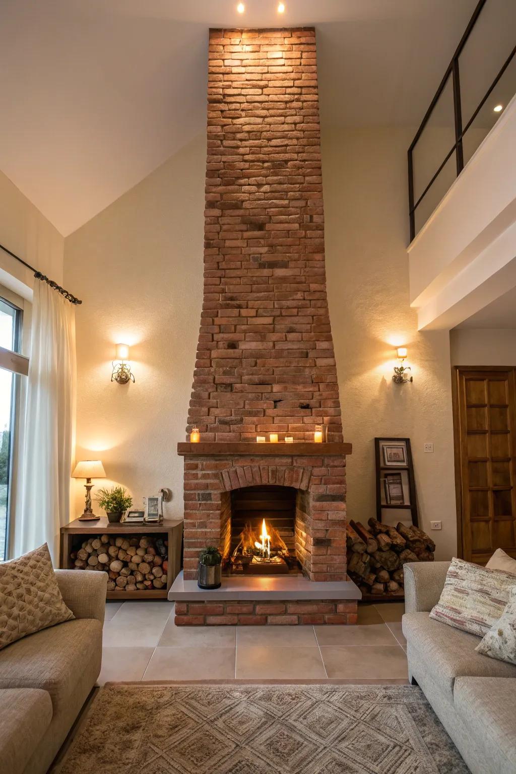 Exposed brick brings rustic charm and texture to a fireplace wall.