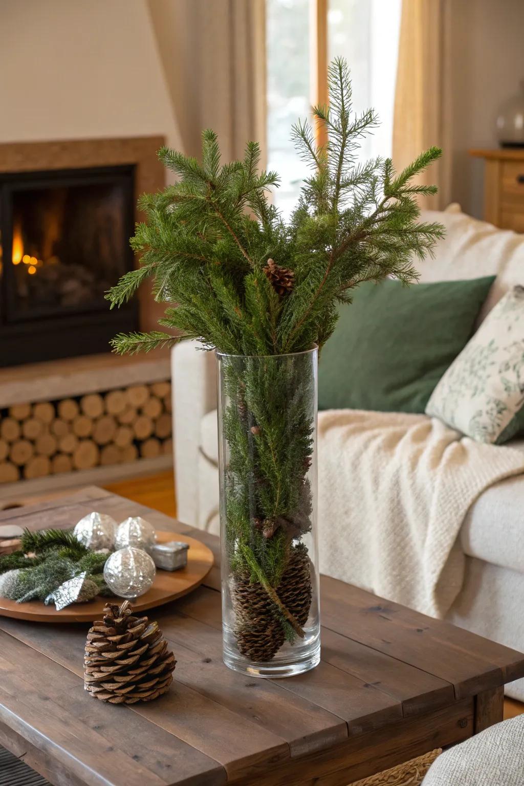 A tall glass vase packed with evergreen and verdure, bringing a wintery hint to a snug space.