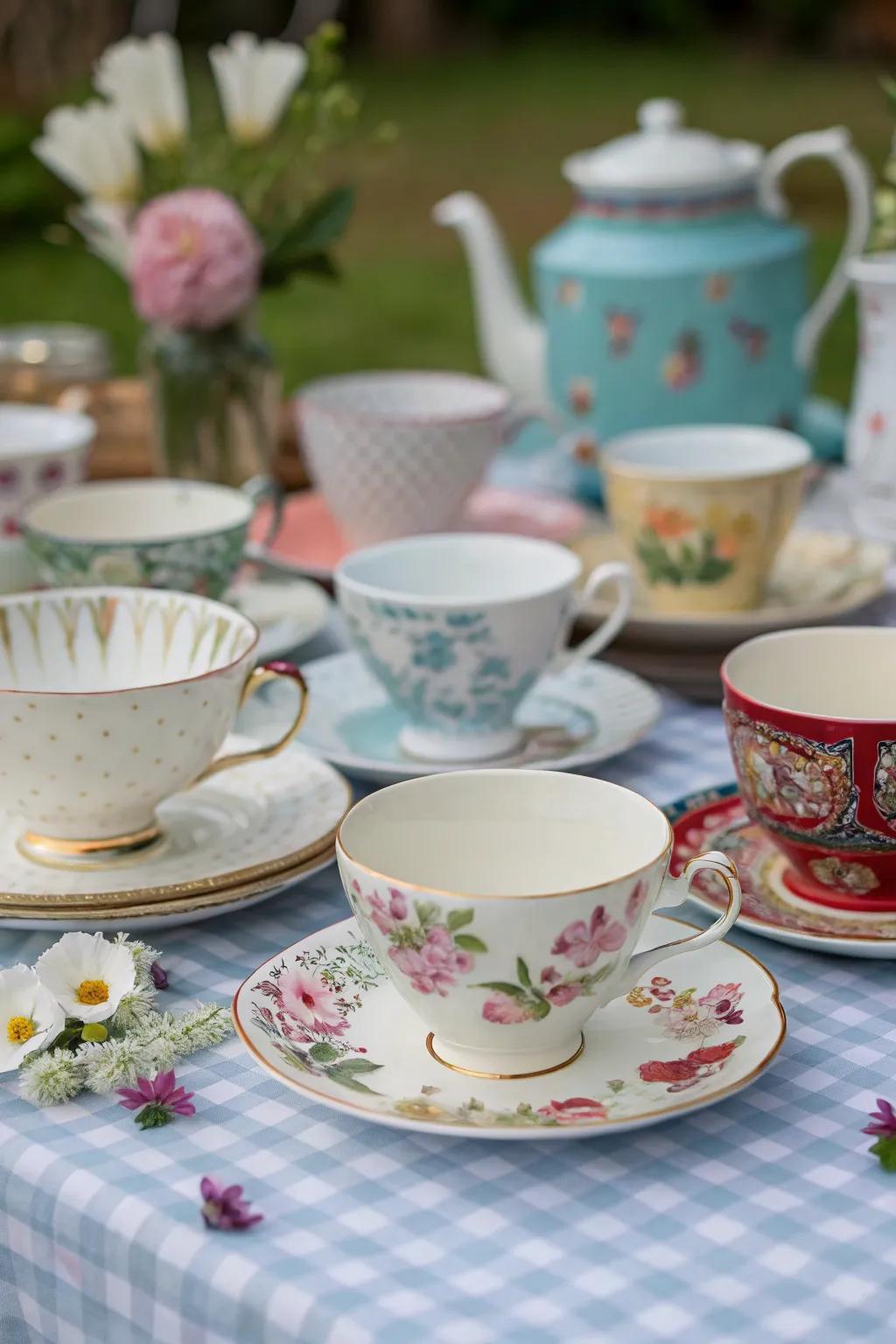 Non-coordinating tea arrangements cultivate a whimsical and laid-back atmosphere.