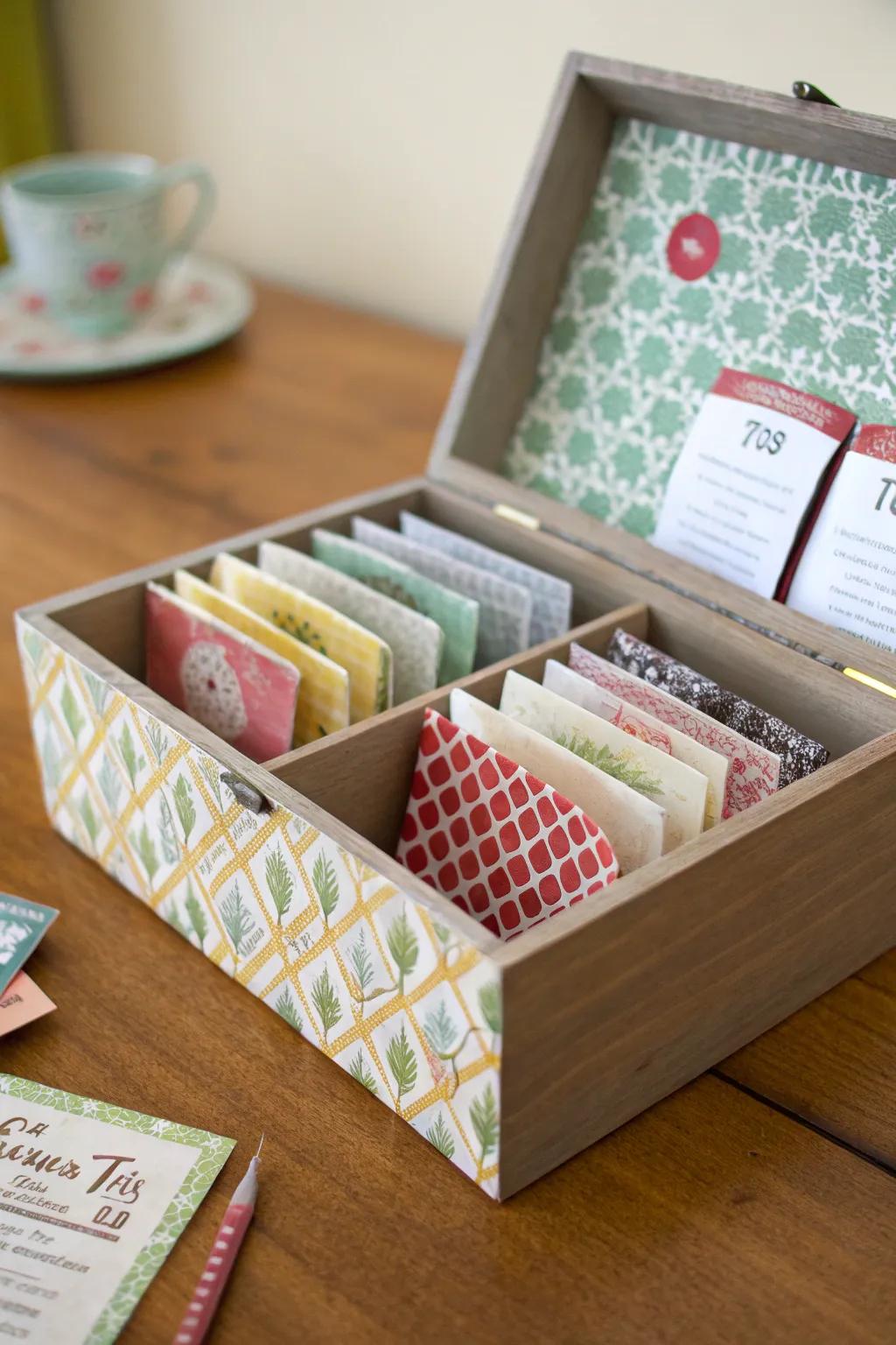 A handmade tea box boasting a personalized design.