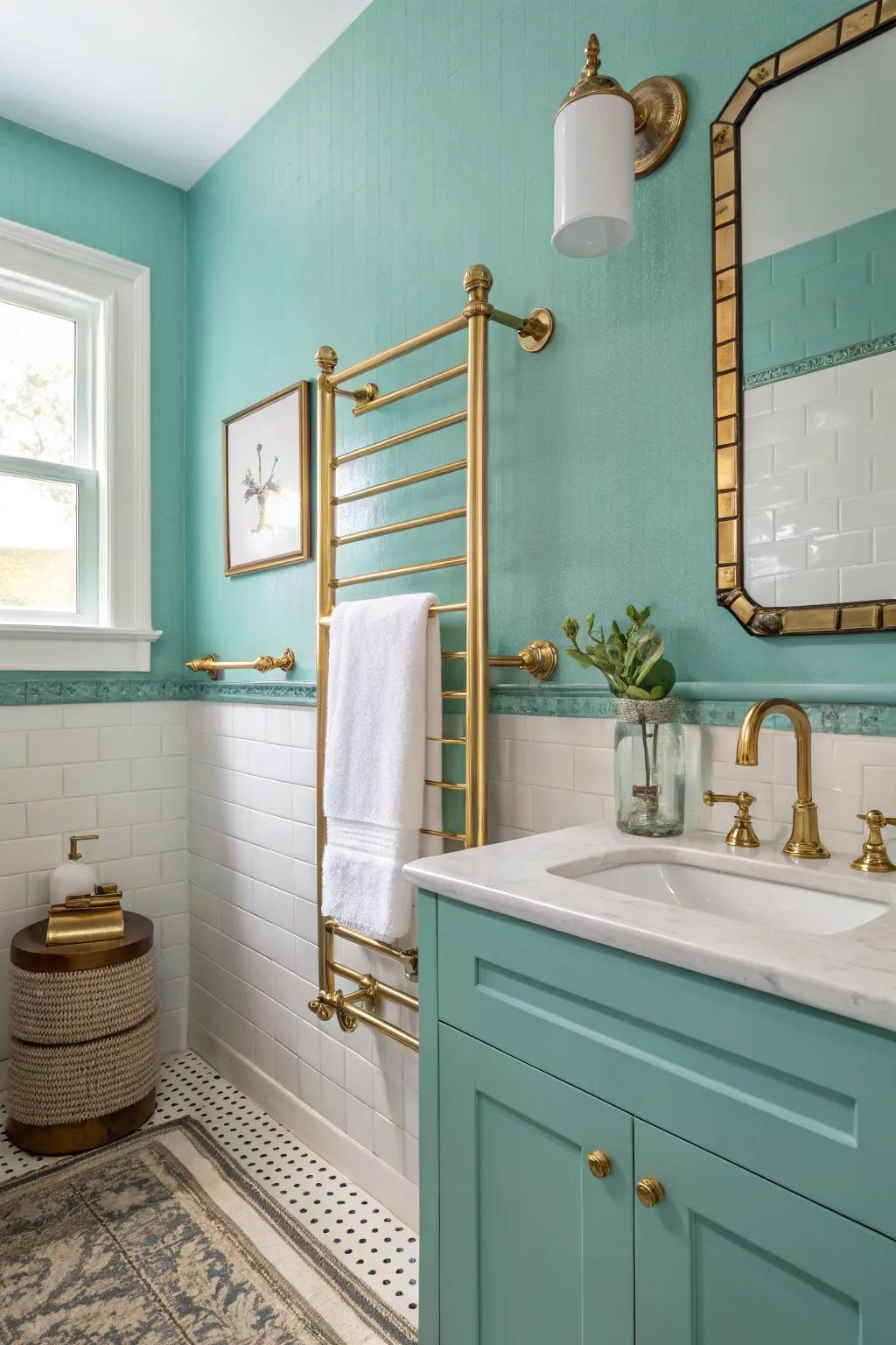 Raise your bathroom's style by using seafoam and brass.