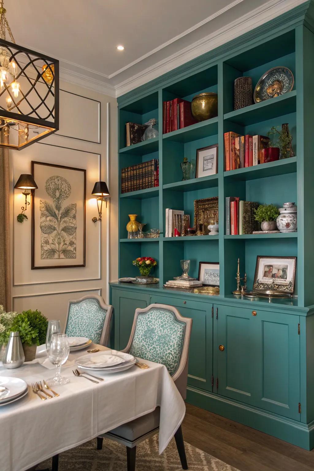 Teal shelving showcases decor and enhances color
