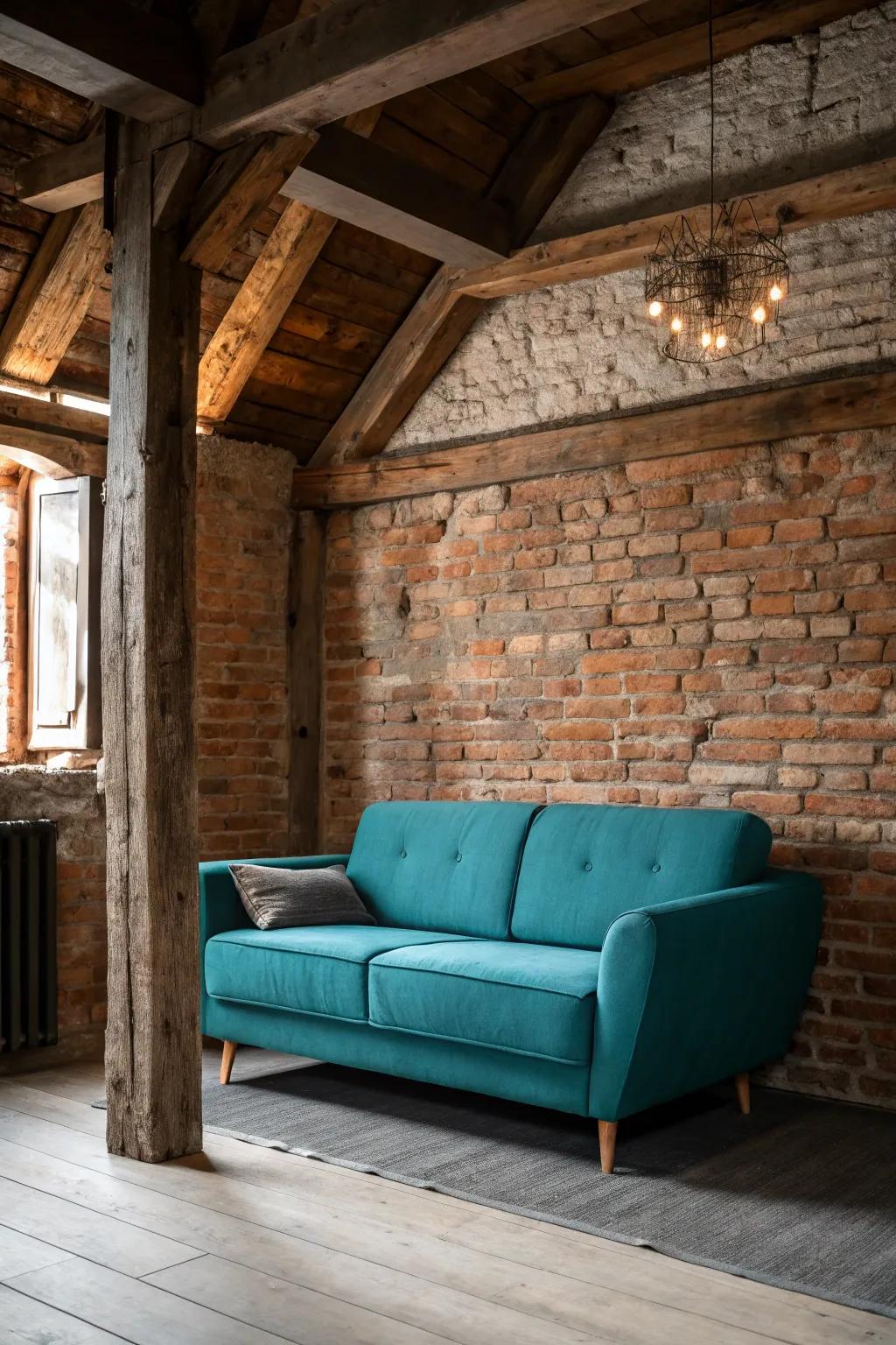 Rustic components introduce warmth and material to a cerulean sofa arrangement.