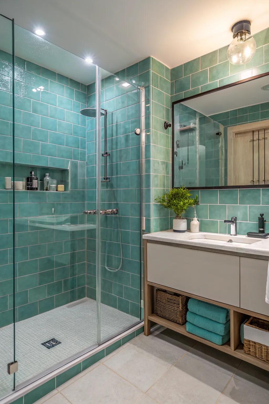 Turquoise tiles and modern parts change your bathroom into a spa retreat.