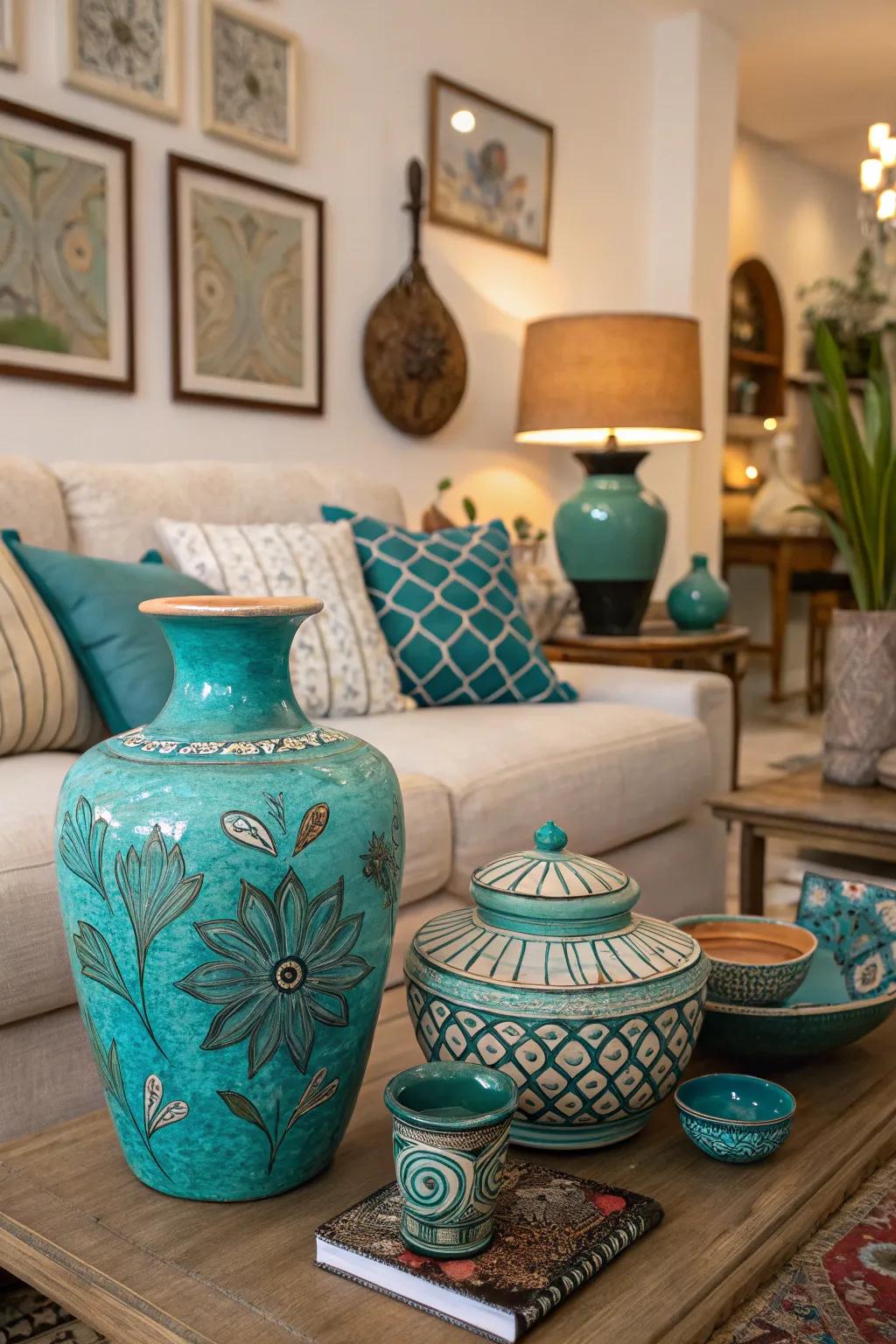 Artistic stoneware in teal and turquoise injects a personal, handcrafted touch.