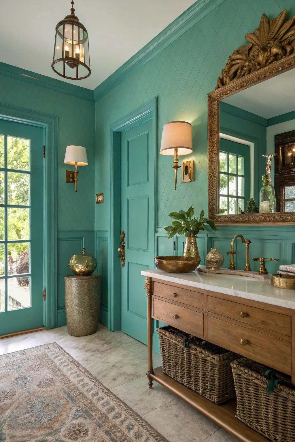 Vintage charm with aqua walls and brass highlights.