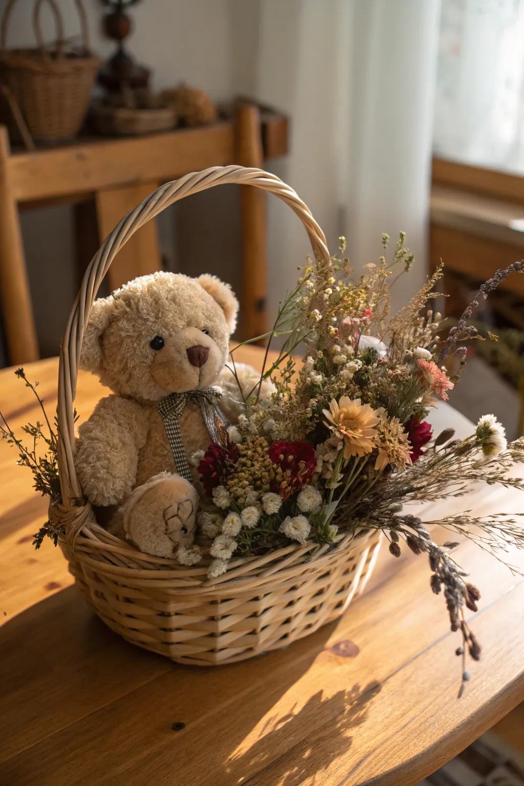 Nature's basket featuring a plush companion and dried flowers.