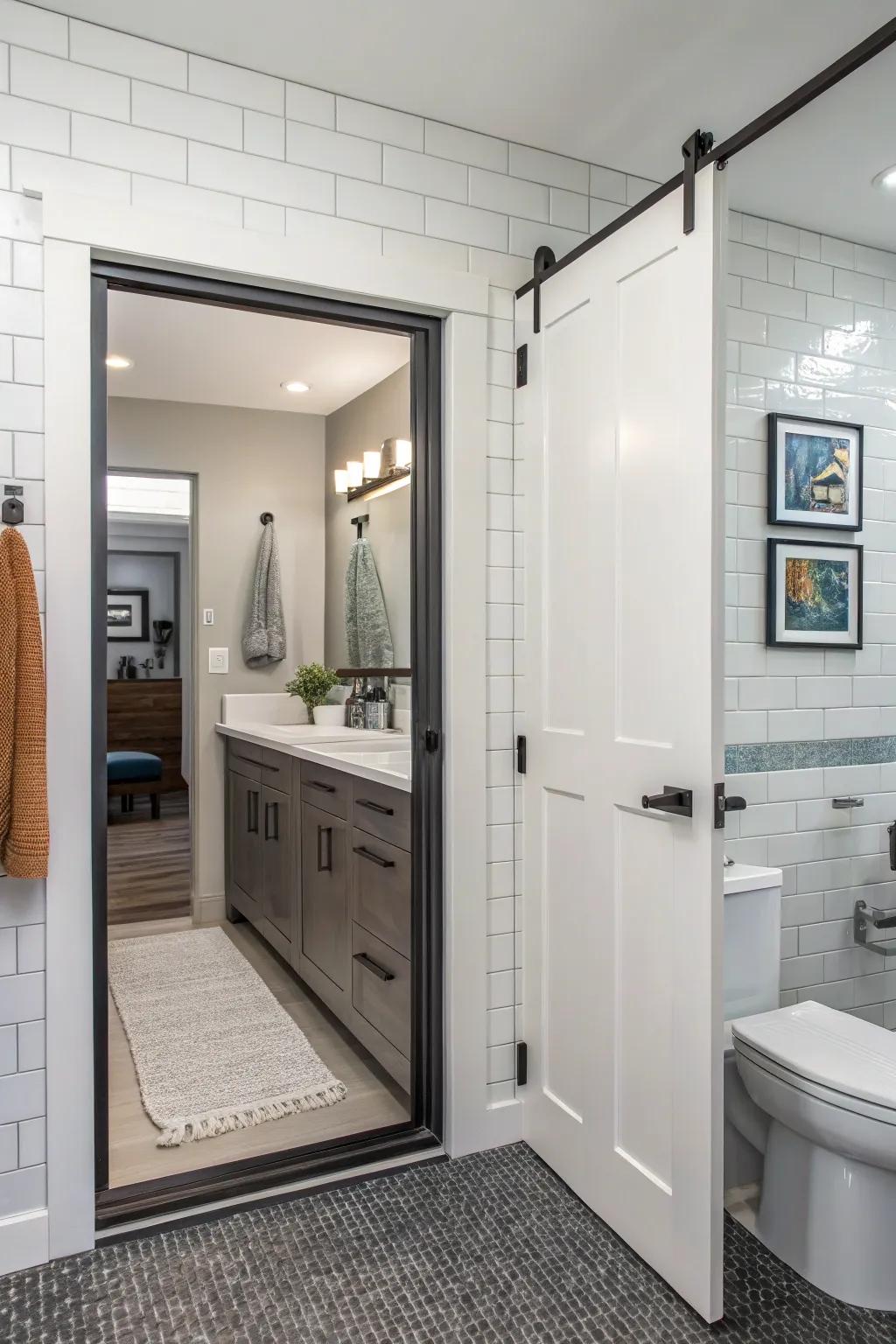 A pocket door is a sleek, space-saving solution for small bathrooms.