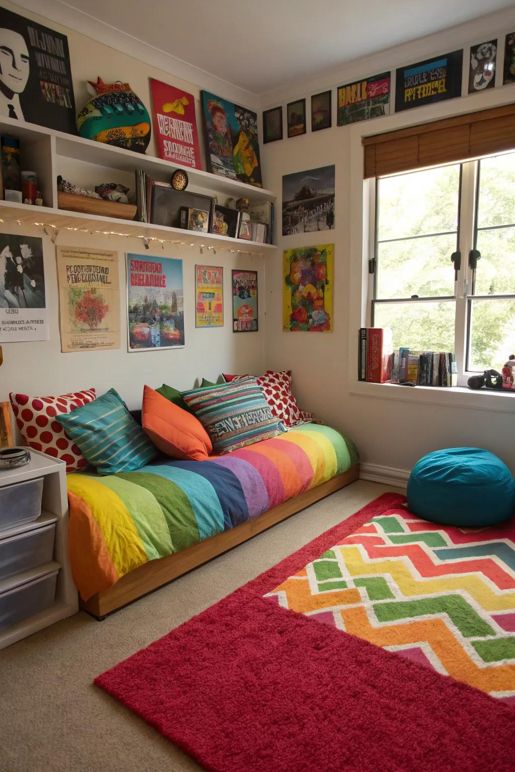 Pops of color from pillows and a rug add energy to this teen boy's room.