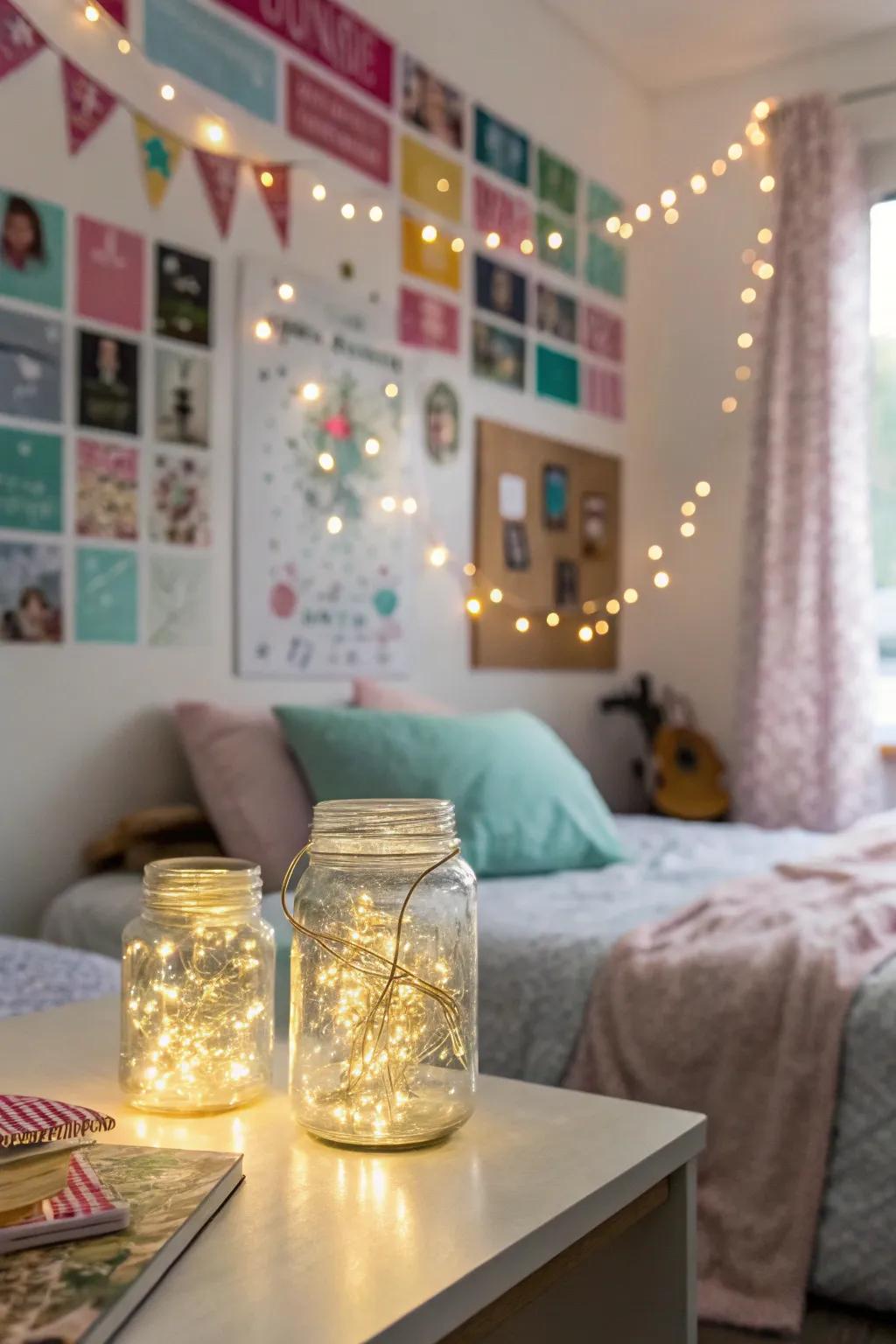 Enclosed fairy lights introduce captivating tabletop decorations.