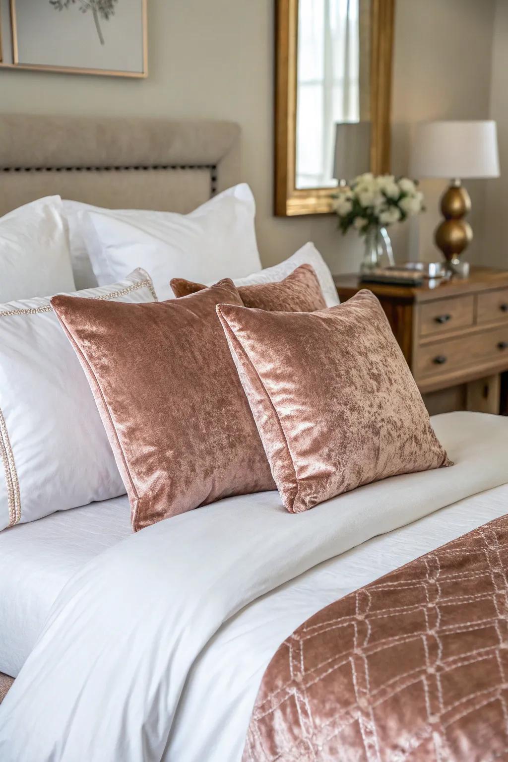Textile rose gold pillows introduce a lavish touch to your bedding.