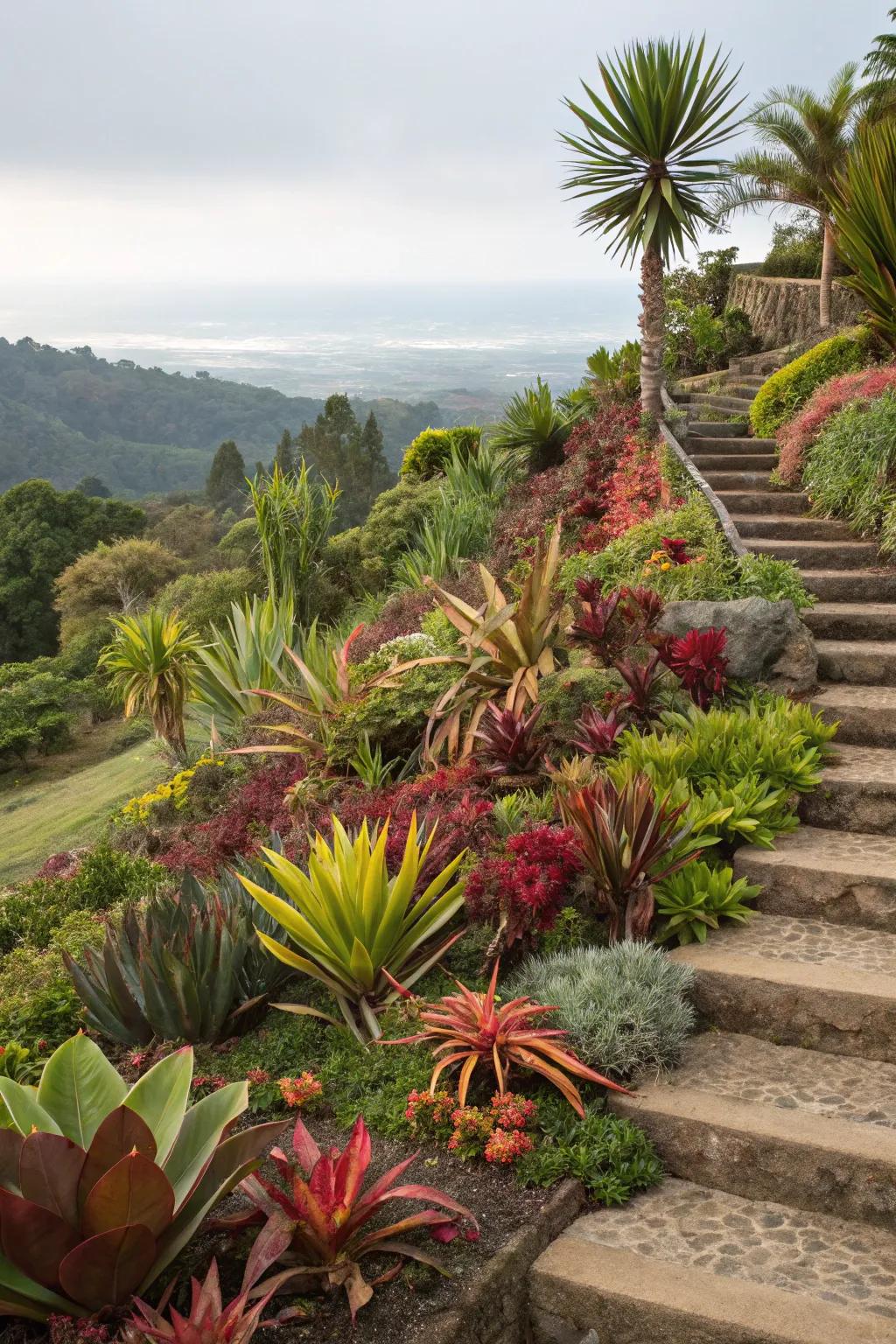 A terraced garden showcasing unique plant pairings, creating visually striking contrasts.