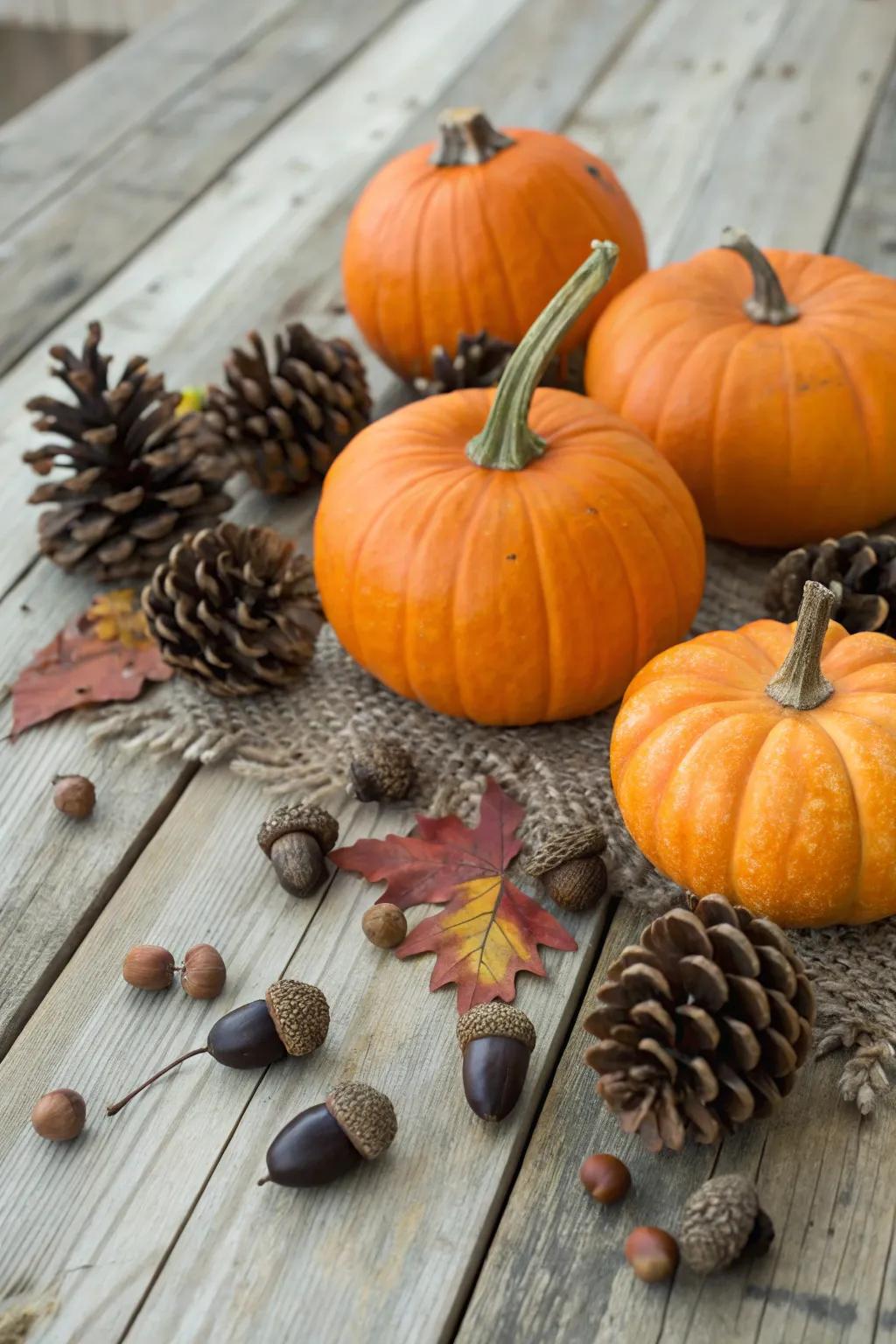 Country-chic nature-inspired pumpkin configurations.