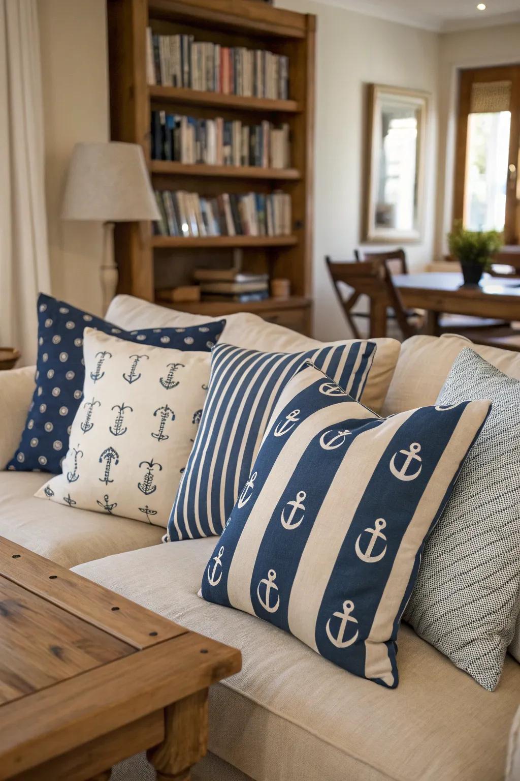 A consistent and stylish coastal theme adorned with nautical throw pillows.