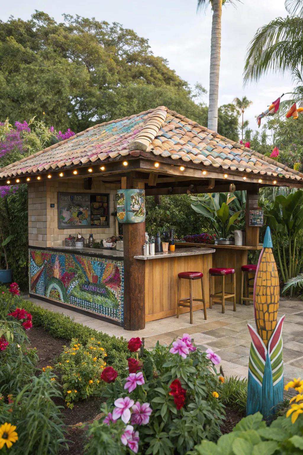 Piece mosaics append hue and artistic panache to your tiki bar.