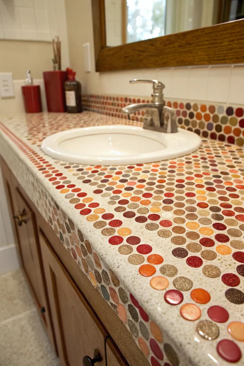Penny tiles bring playful texture to compact areas.