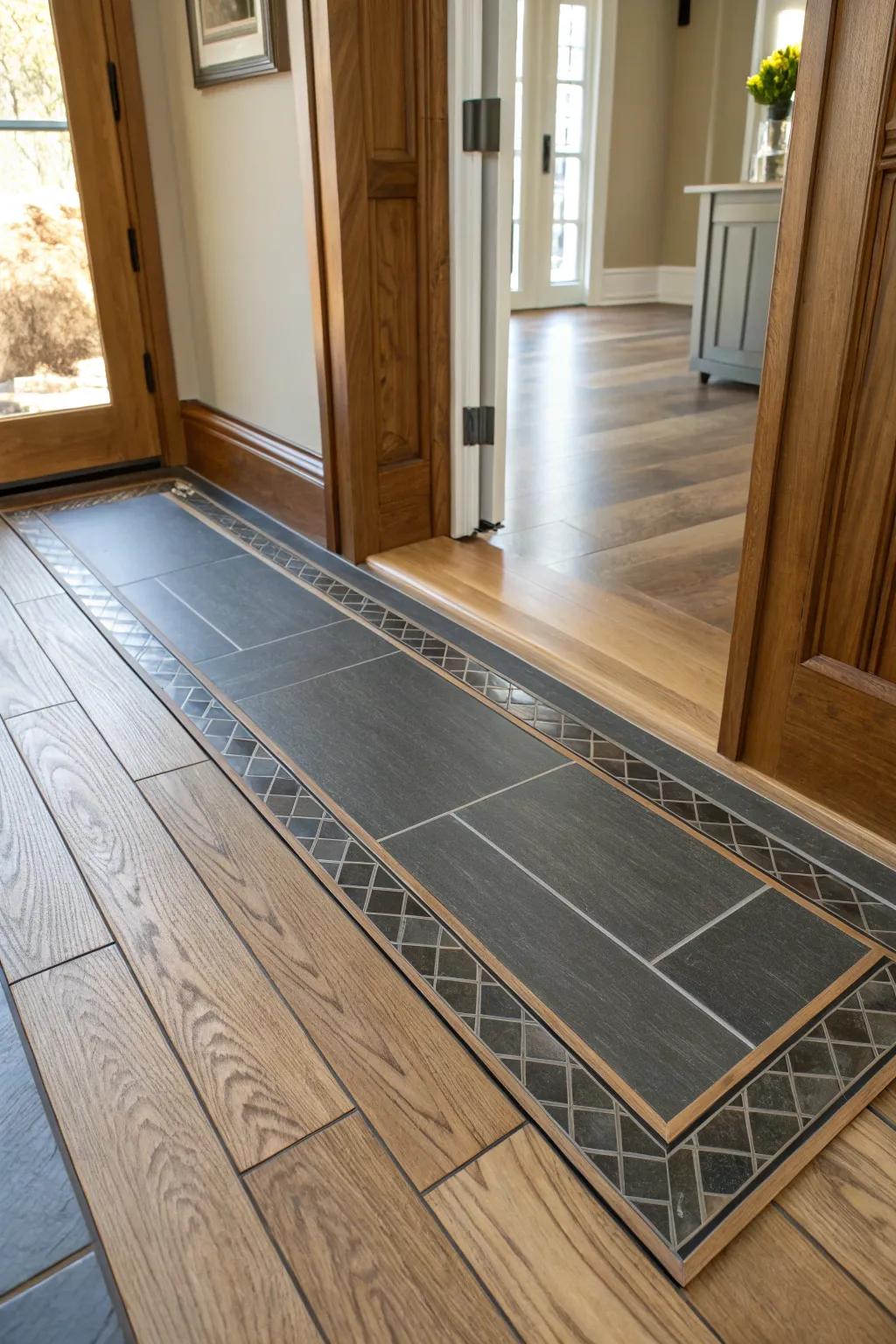 Tiered inlays fashion a welcoming flow between tiling and timber floors.